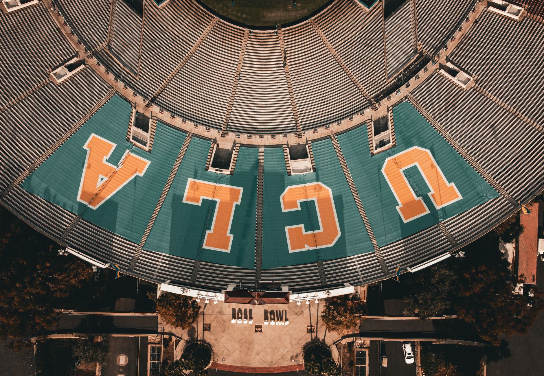 Stunning aerial image of the iconic UCLA Rose Bowl Stadium in Los Angeles, California.