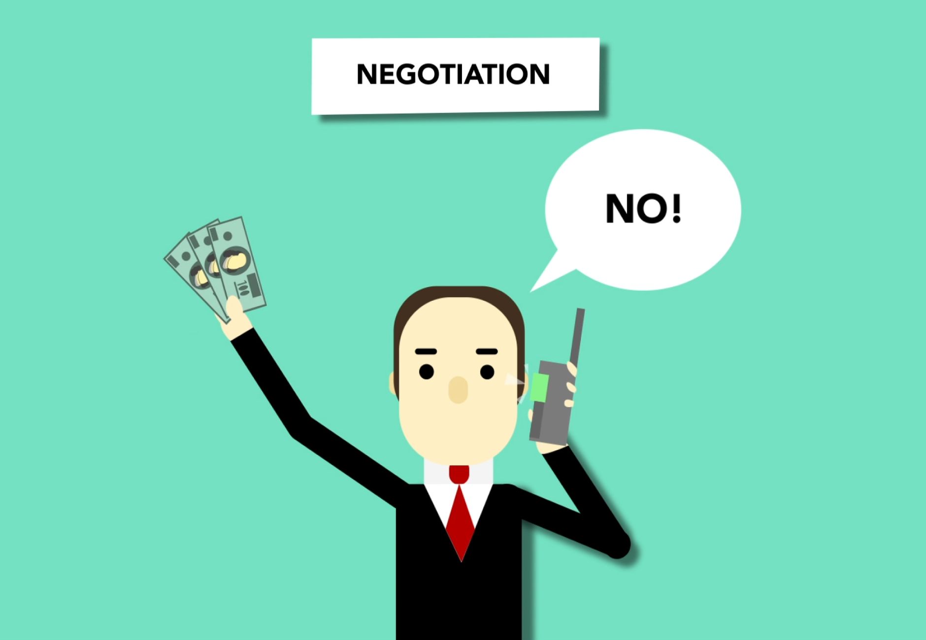 Concept illustration of man with money saying no to offer during business negations on phone
