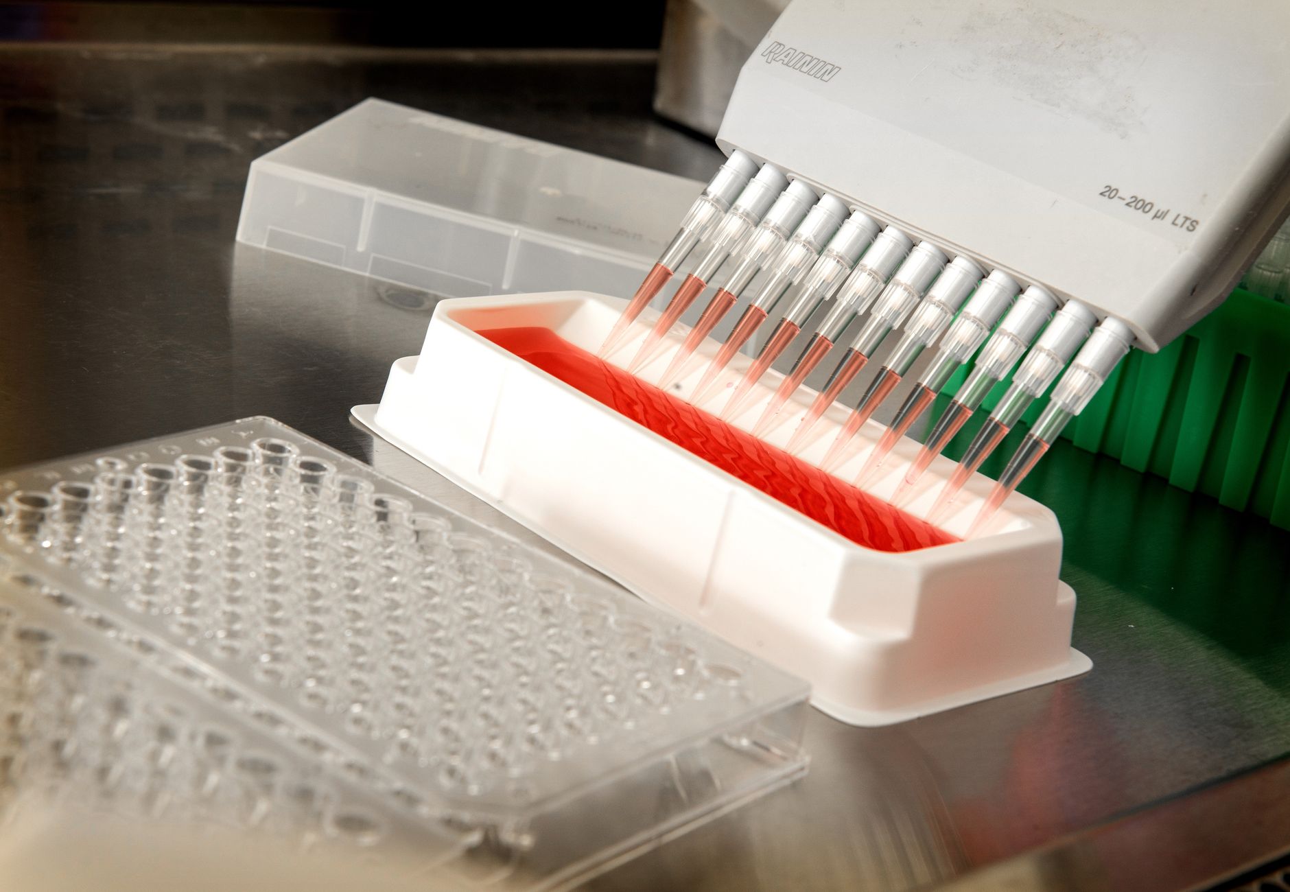 Close-up of an automated pipetting system dispensing liquids in a scientific laboratory.